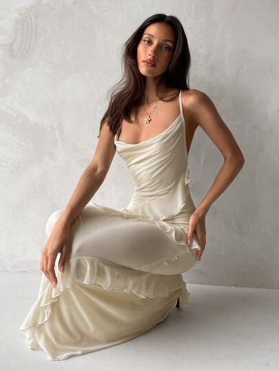 Aloruh Women's Elegant Sexy Romantic Ruffled Waist Plunging Neck Backless Dress, Suitable For Dates, Graduation, Prom, Spring/Summer Cruise Dinner Dress Elegant Long Dress Creme Dress Off White Dresses For Women ,Summer Dress,Elegant Dress