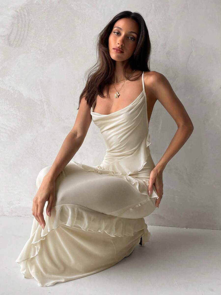 Aloruh 女士优雅性感浪漫荷叶边腰部深V领露背连衣裙，适合约会、毕业典礼、舞会、春夏穿着