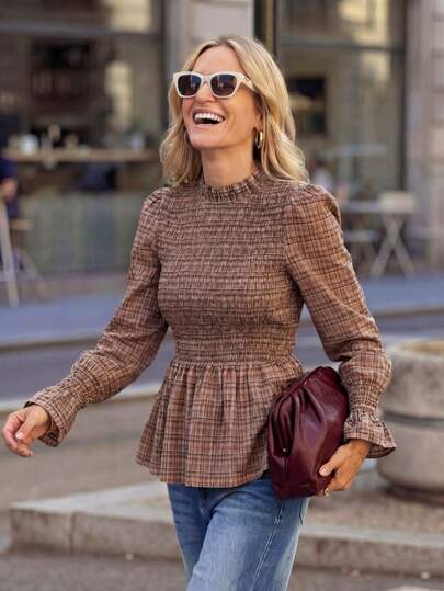 Solivie Women's Brown Plaid Shirt, Retro Style Spring Shirt Plaid Top Brown Long Sleeve Top Brown Blouse Fall Tops Women Lantern Sleeve Blouse