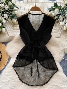 GlowEve 蕾丝拼接优雅V领精致休闲女式薄款西装外套 - 黑色 - 查看 2