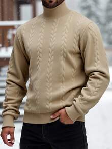 EGENSIO Heavyweight Textured American Style Men's Casual Turtleneck Pullover Sweatshirt - Khaki - View 3