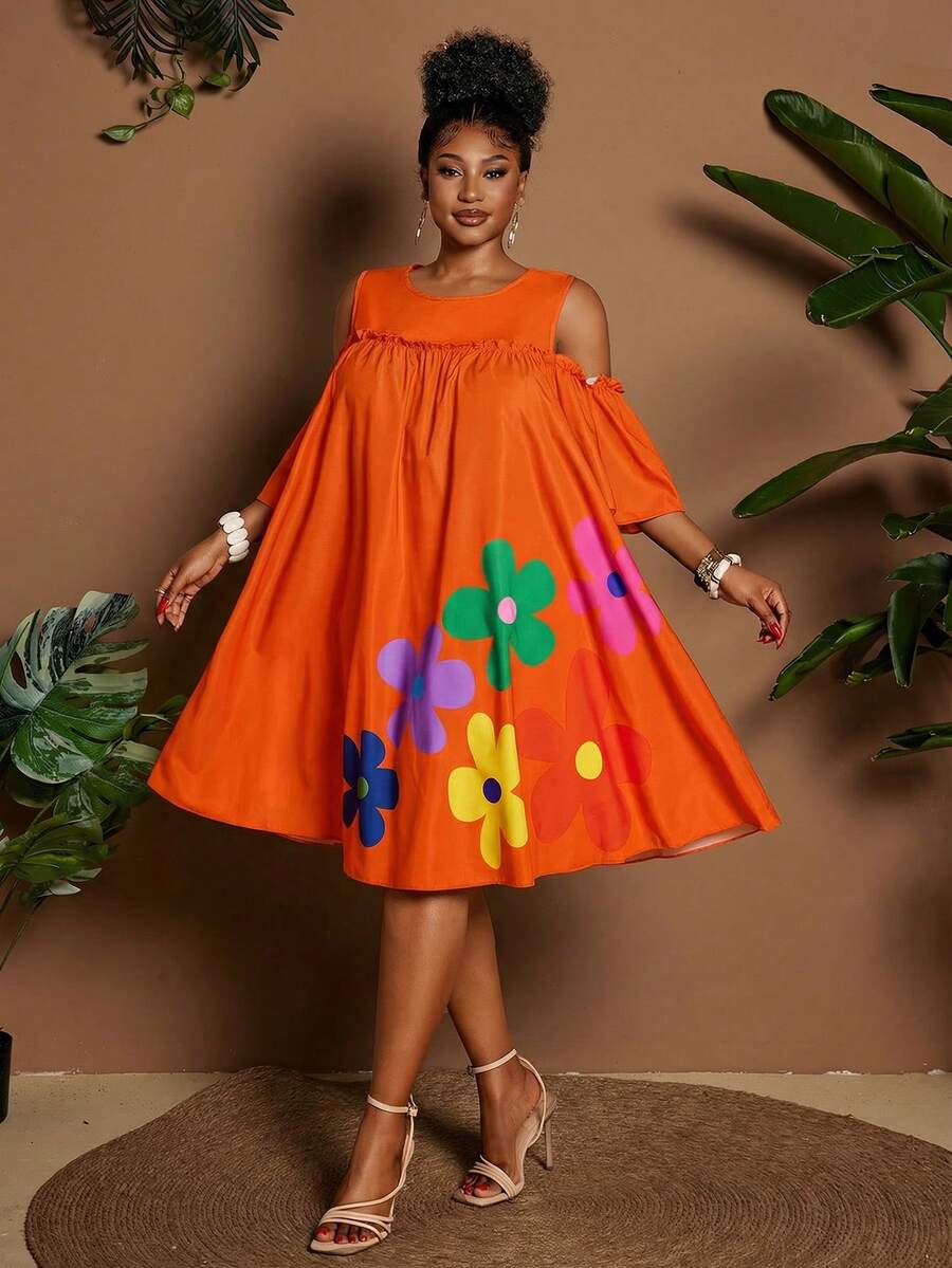 Maweii Summer Off-Shoulder Round Neck Cartoon Floral Casual Vacation Dress - Orange - View 1