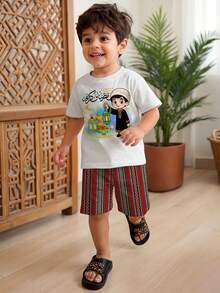 SHEIN Young Boy White Summer T-Shirt Set,Family Matching Arabic Text Graphic,Classic Retro Traditional Pattern,Star,Moon,Lantern,Cute Cartoon Boy Print - White - View 2