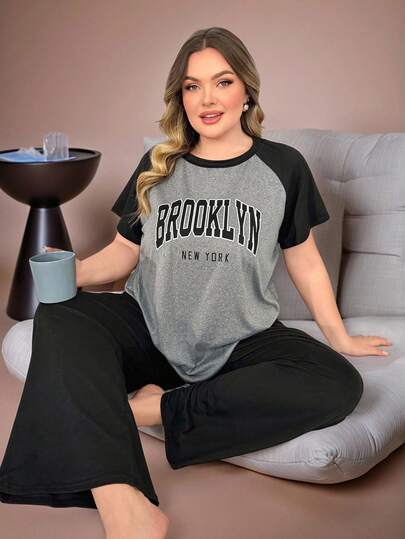 Lazeform 大码女式撞色插肩袖字母图案休闲上衣和裤子家居睡衣套装