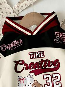 GraphicGems 1件装女童休闲简约卡通猫咪数字印花连帽卫衣，蝴蝶袖设计，适合秋冬季穿着。 - 彩色 - 查看 7