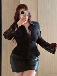 Dazy Plus Elastic Fitted Lace Long Sleeve Cropped Turndown Collar Cardigan Sheer Black T-Shirt Going Out Tops Women - Black - View 8