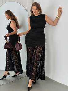 Auralis Plus-Size Spring/Summer Fashionable And Elegant Stretchy And Comfortable Party-Style Sleeveless Black Maxi Dress With Lace Hem,Bodycon,Summer Dresses,Wedding Guest Dress For Women - Black - View 5