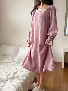 DAZY Sweet Crochet Lace Trim Polka Dot Print Chiffon Ruffle Lantern Sleeve Women Nightgown - Purple - View 9