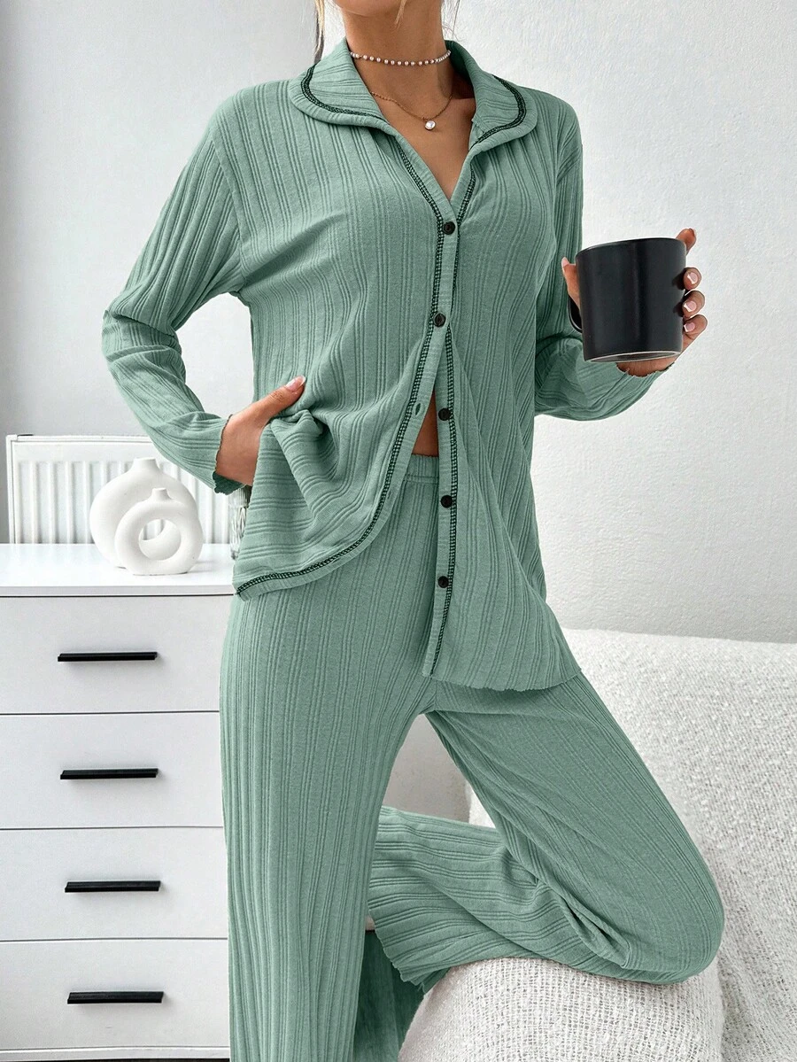 SHEIN TALL Women 2 Pcs Cotton Rib Knit Mint Contrast Colour Button Front Long Sleeve Long Pants Pajama Set - Mint Green - View 1