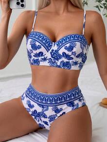 Swim Vcay 三件套印花吊带泳衣套装，带聚拢钢圈。 - 藍色 - 查看 5