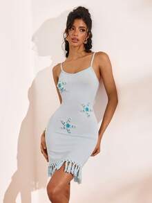 Nevyona 吊带设计，显瘦领口，收腰设计，优雅迷人，串珠流苏下摆，时尚迷人的春夏连衣裙 - 淺藍色 - 查看 4