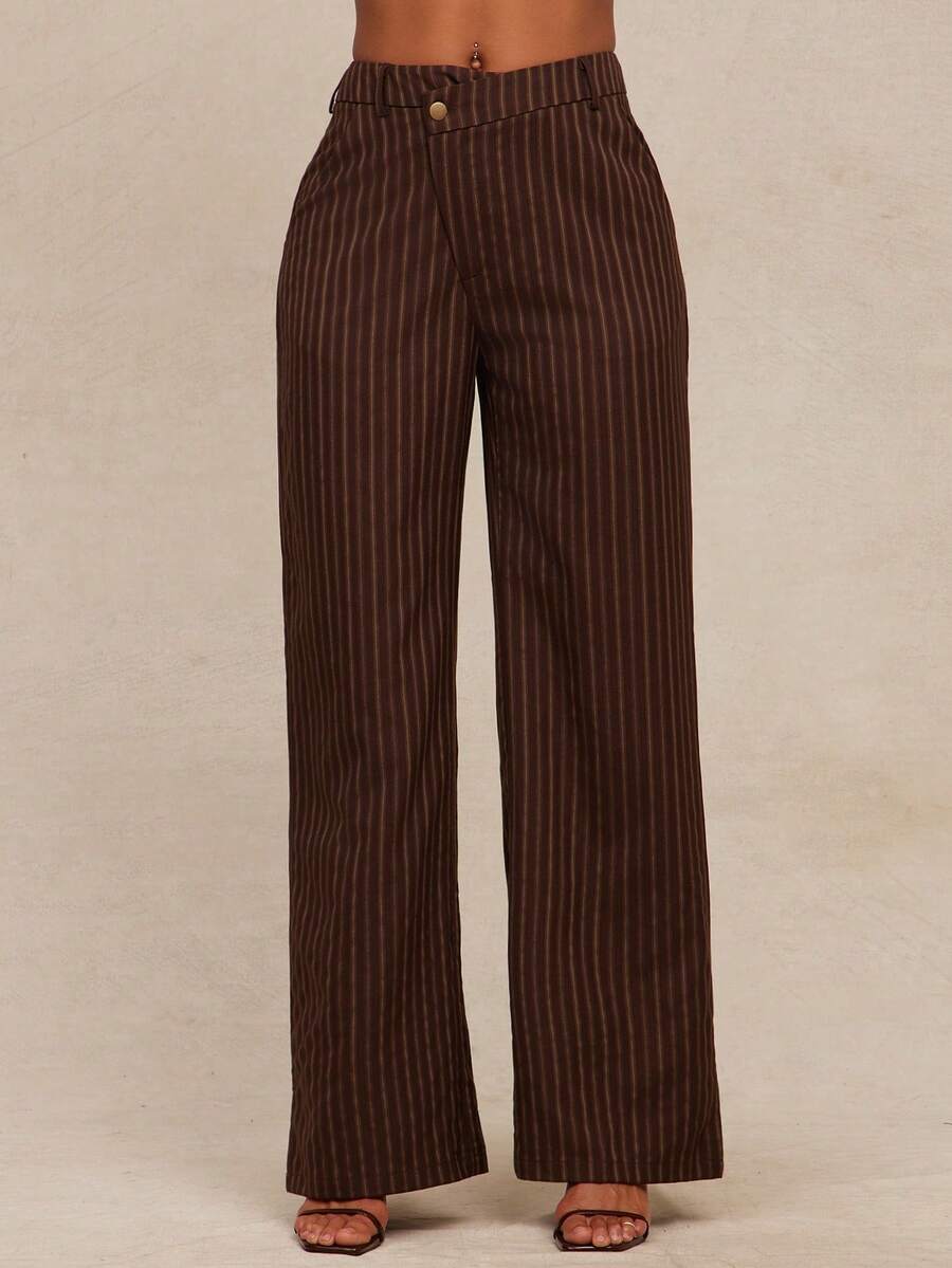 NYA SZN 女士条纹印花口袋优雅直筒裤，适合通勤 - 藍色 - 查看 1