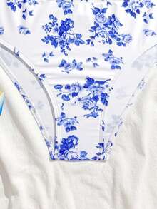 SHEIN Bộ đồ bơi tankini họa tiết hoa dành cho thiếu nữ, kiểu đan chéo. - Màu xanh lam - Xem 5