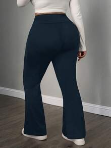 SHEIN PETITE CURVE Quần legging ống loe có túi, quần bó cạp cao, chất liệu thun co giãn, màu đen trơn, mặc nhà, thoải mái khi đi học, mặc nhà, tập yoga, hoạt động ngoài trời cỡ lớn dành cho nữ, thu đông - Xanh đậm - Xem 2