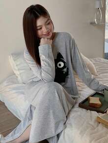 Dazy Plus Cartoon Cat Print Pattern Loose Round Neck Straight T-Shirt Style Sleepwear, Spring/Autumn - Grey - View 5