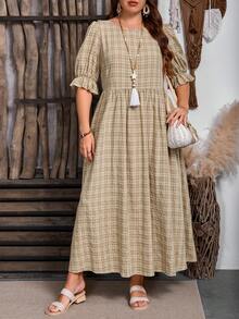 EMERY ROSE Plus Size Women Loose Plaid Puff Sleeve Casual Dress - Yellow - View 5