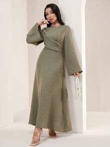 Veilorie New Design Wrap Tie Waist Casual Striped Dress, Versatile For Daily Wear And Vacation - Army Green - View 5