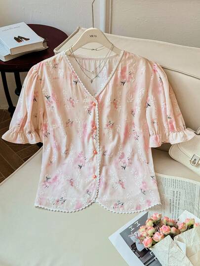 Modelyn Plusstorlek Kortärmad Blommig Spetskant Elegant Avslappnad Romantisk Blus För Damer