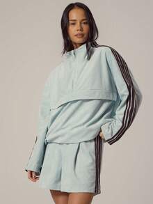 MUSERA Faux Suede High Neck Half Zip Long SleevePocket Detail Top Spring, Girly, Day Outfits, Cute, Casual Sweet Pea Spring - Baby Blue - View 1