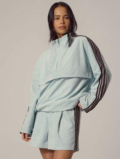 MUSERA Faux Suede High Neck Half Zip Long SleevePocket Detail Top Spring, Girly, Day Outfits, Cute, Casual Sweet Pea Spring