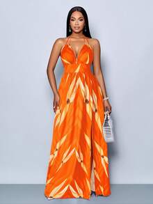 SOLERSUN Women Casual Holiday Deep V Neck Backless Ruched Split Thigh Maxi Dress With Botanical Print - Orange - View 5