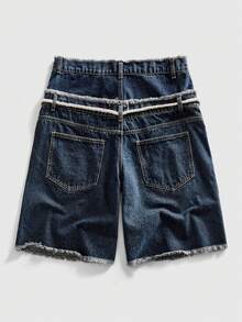 ROMWE MEN Street Life Men's Loose Fit Denim Shorts With Sparkling Diamond Waistband - Dark Wash - View 3