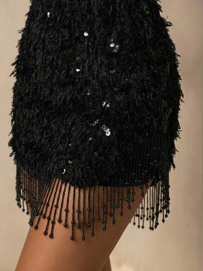 Vowa Elegant Apricot Long Faux Fur Sequin Bustier Bodycon Mini Dress With Fringe Sash, Suitable For Dates, Vacations, Singles Parties, Balls, Birthdays, Weddings, Graduations, Afternoon Tea