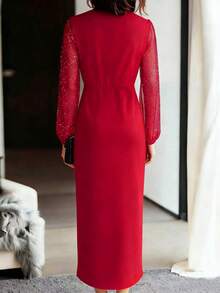 Balvessa 女士修身腰部拼接网纱箔面短裙 - 紅色 - 查看 2