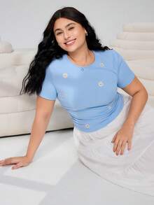 Solflare Áo thun crop top tay ngắn cổ tròn cỡ lớn - Màu xanh lam - Xem 5