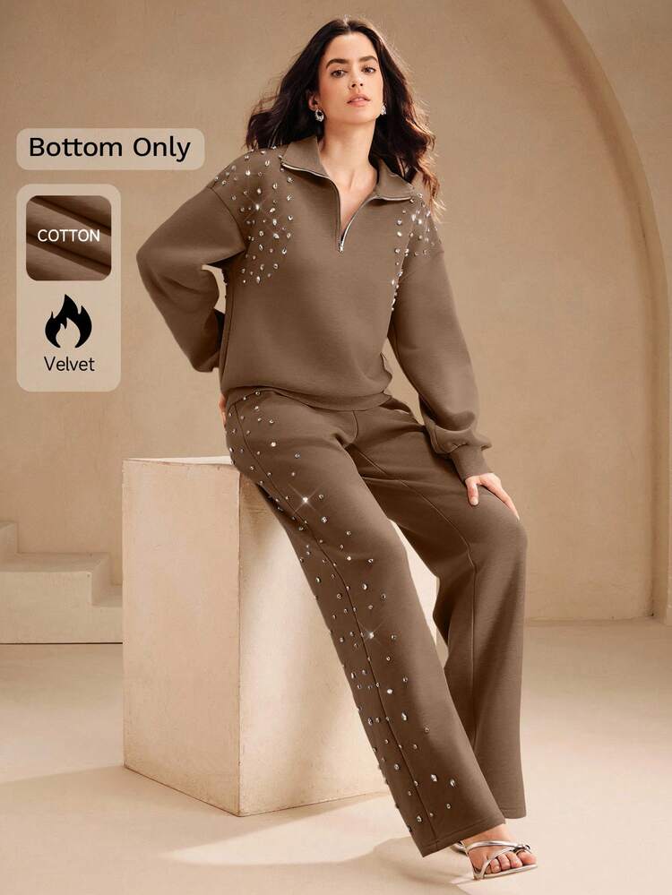 Fashionable Thick Fleece Loose Wide-Leg Women's Sweatpants With Rhinestone Design, Suitable For Fall, Festival, Spring