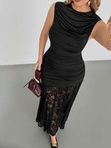 Auralis Plus-Size Spring/Summer Fashionable And Elegant Stretchy And Comfortable Party-Style Sleeveless Black Maxi Dress With Lace Hem,Bodycon,Summer Dresses,Wedding Guest Dress For Women - Black - View 3