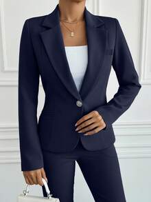 EURMUSE Bộ đồ nữ màu trơn, cổ ve lật, tay dài, kiểu dáng tối giản. - Màu xanh hải quân - Xem 3