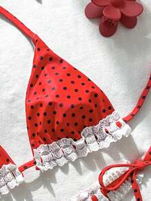 Swim Mod Conjunto de bikini de dos piezas con escote halter, adorno de encaje y lunares para mujer, ideal para playa y vacaciones en verano - Rojo - Ver 10
