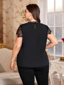 Reflora 大码优雅蕾丝拼接雪纺衬衫 - 黑色 - 查看 2