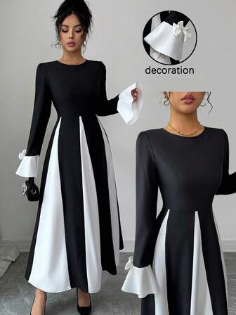 Rafferiza Women's Winter French Elegant Minimalist Round Neck Colorblock Bow Decor Flare Sleeve Waist Cinched Long Dress