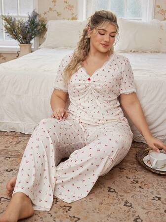 SHEIN 2 pezzi/Set Top a maniche corte e pantaloni stile francese da donna, con stampa floreale ditsy, design elegante, snellente, taglie comode, per l'estate