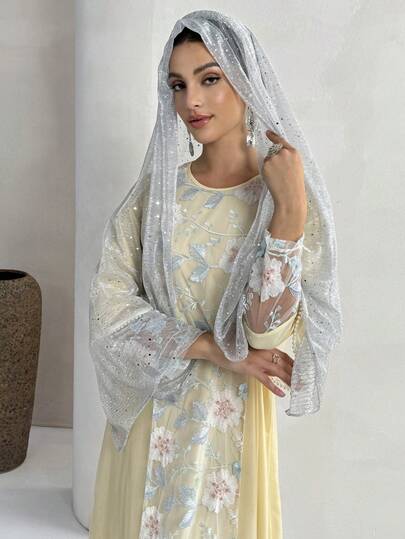 Yasmyna Women's Elegant Floral Embroidery Patchwork Turkish Maxi Dress & Arabic Traditional Abaya