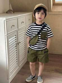 SHEIN 3pcs/Set Toddler Boys' Summer Outfit, Striped Short Sleeve Top With Pocket, Solid Color Shorts With Pocket, Cute Pouch, Casual & Fashionable For Kids, Suitable For Spring/Summer Getaway, Holiday, Travel, Relax, Sunbathing - Multicolor - View 4