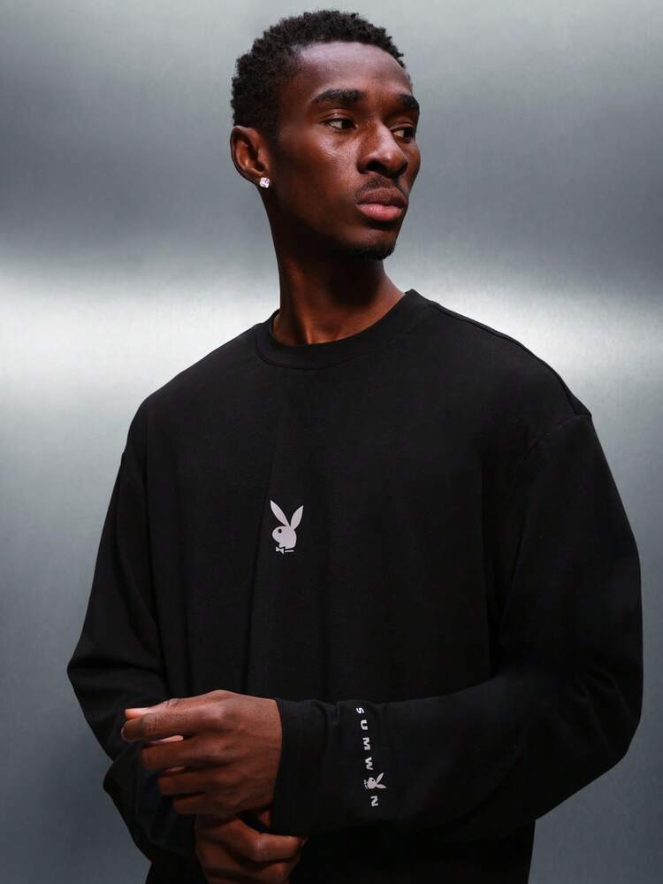 PLAYBOY X SUMWON Bunny Logo Crop Fit Long Sleeve Cotton Crew Neck Tee For Casual Streetwear And Weekend Comfort Style