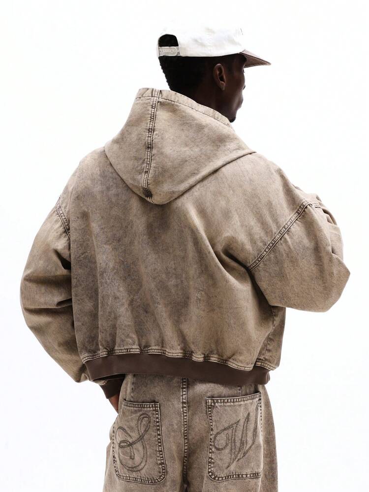 Washed Denim Hooded Bomber Jacket With Cargo Pockets