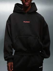 PLAYBOY X SUMWON Áo hoodie dáng ngắn rộng màu đen với logo chú thỏ đỏ đặc trưng, túi giữa, tay dài, phong cách đường phố thường ngày. - màu đen - Xem 5