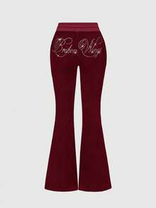 ROMWE J-Fashion 2件套Y2K风格天鹅绒水钻装饰卫衣套装，女士秋冬款 - 酒紅色 - 查看 3