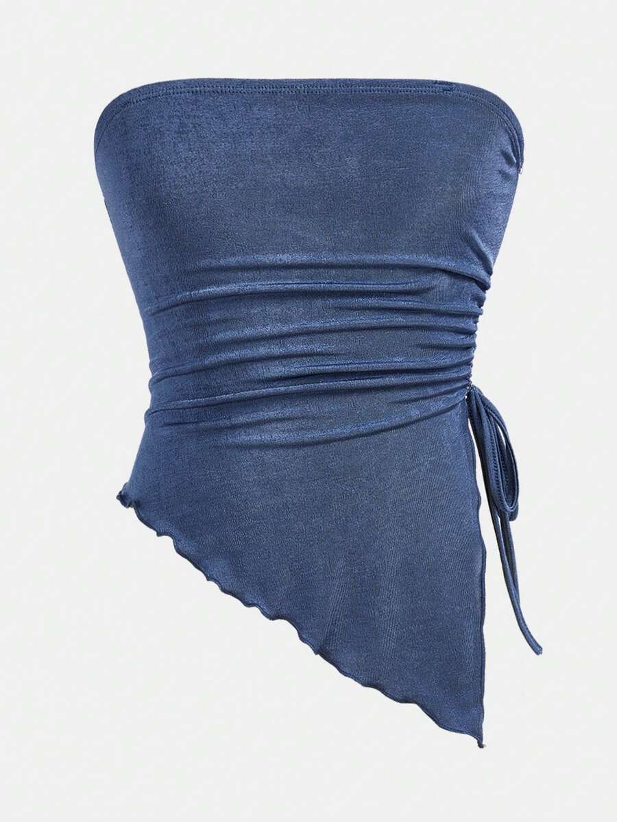 SHEIN Girlism Tween Girls' Fitted Casual Minimalist Comfortable Sleeveless Asymmetrical Hem Tank Top Tube Top With Bra Navy Blue Tube Top Strapless Top Teen Girl Clothes Tube Top Royal Blue Top - Blue - View 1