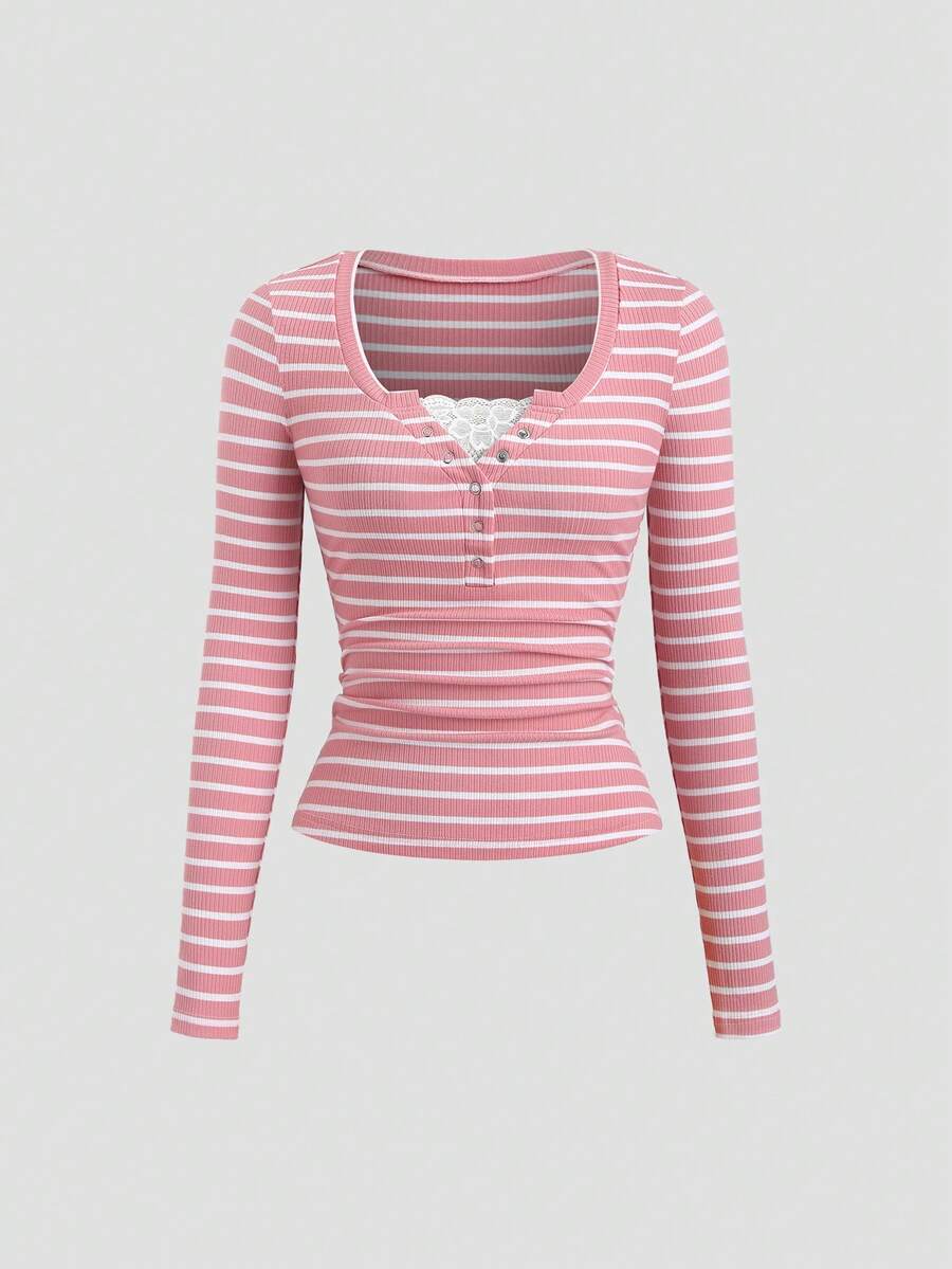Sweetra Áo thun dài tay kẻ sọc phối ren mùa xuân dành cho nữ - Hồng - Xem 1