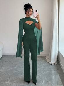 SHEIN Elenzya 女士闪亮时尚蝙蝠袖连体裤 - 墨綠色 - 查看 6
