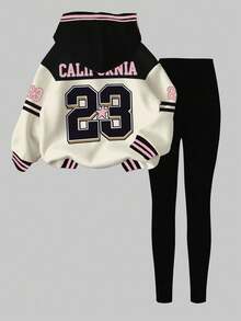 SHEIN Leap Crew 两件套少女休闲复古字母数字徽章图案运动连帽衫和紧身裤，学院风，适合秋冬季穿着 - 彩色 - 查看 2