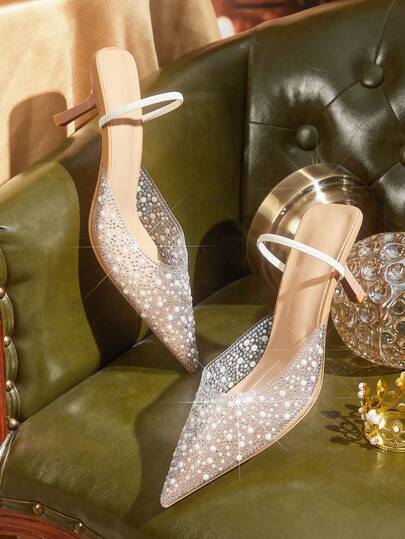 CUCCOO TILAWA Women's Casual Sexy Diamond & Pearl Transparent Pointed Toe High Heels, Fashion Comfortable Elastic Strap Backless Transparent PVC Crystal Slip-On Outdoor Formal Party Shoes Valentine's Day