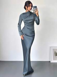 Firerie Women's Elegant Office Commute Blue Satin Long Sleeve Pleated Collar Irregular Hem Blouse And High Waist Pleated Maxi Skirt Set, Romantic, Date, Party, Wedding Season, Graduation Dress, Formal Ball - Blue - View 12