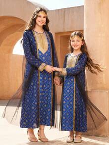 Teen GirlGlamorous Party Celebration Outfit Set: Long Sleeve Robe, Abaya Robe, Mesh Overlay Jacket, Gold Collar Flower Decor - Royal Blue - View 9