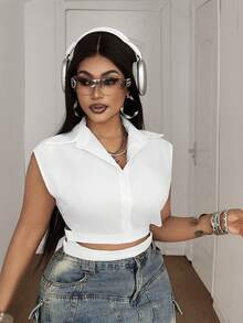 Maweii Blusa de moda sin mangas con cruce y lazo delantero para tallas grandes - Blanco - Ver 4